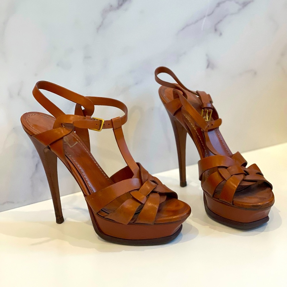 YSL Tribute Sandal Heels Brown Leather